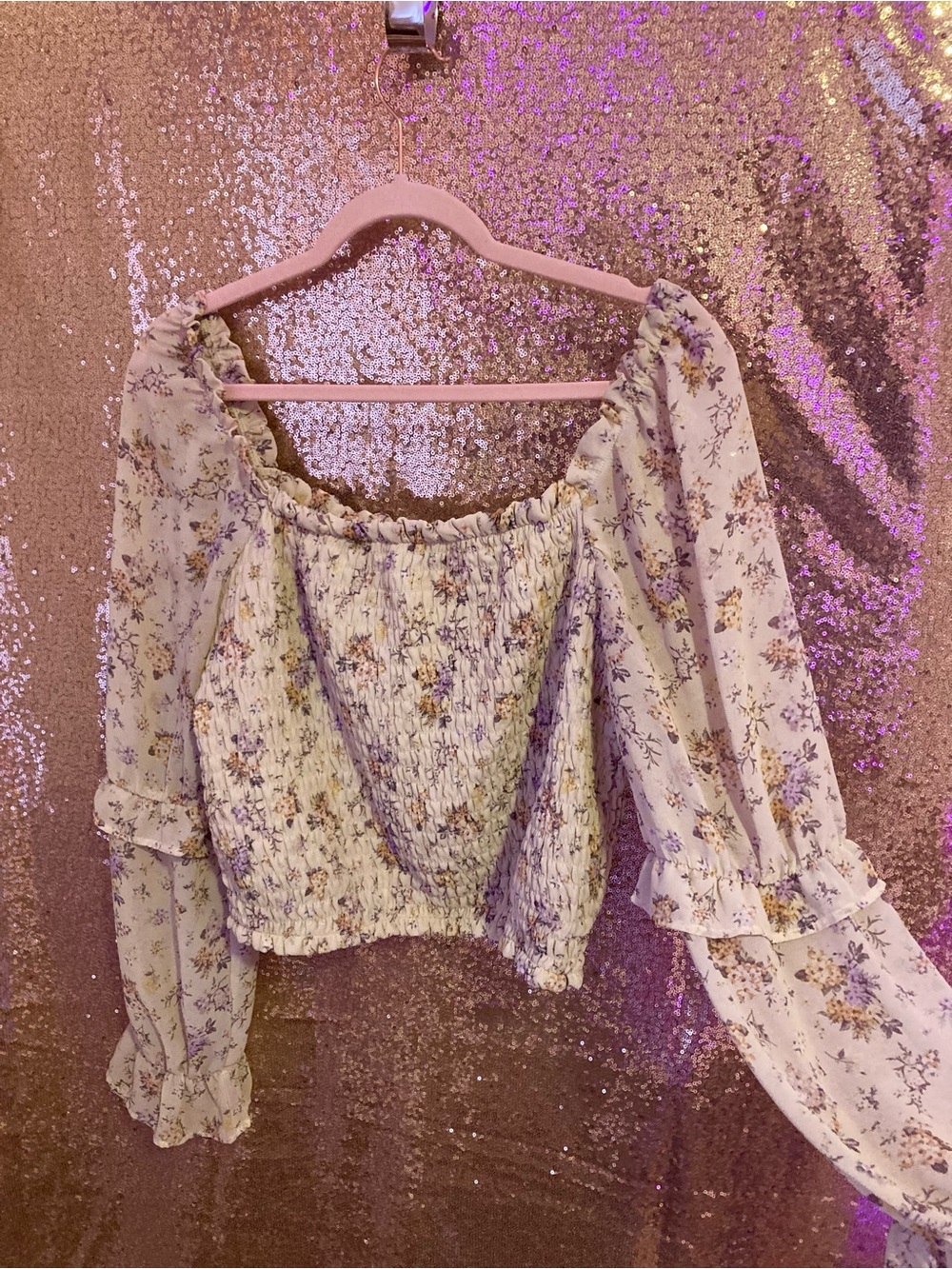 Wild Fable Cream Floral Smocked Puff-Sleeve Crop Top